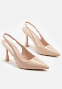 Beżowe Lakierowane Sandały Szpilki Typu Slingback Ulios