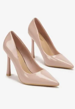 Beżowe Lakierowane Szpilki z Imitacji Skóry o Gładkiej Fakturze Rosaia