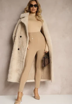 Beżowe Legginsy Bawełniane High Waist Ozdobione Guzikami Liorvia