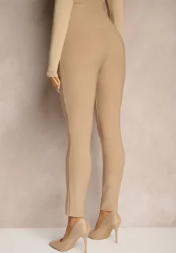 Beżowe Legginsy Bawełniane High Waist Ozdobione Guzikami Liorvia