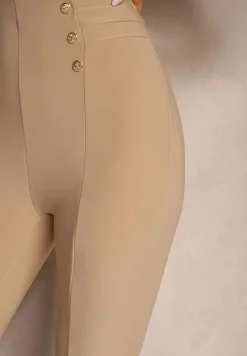 Beżowe Legginsy Bawełniane High Waist Ozdobione Guzikami Liorvia