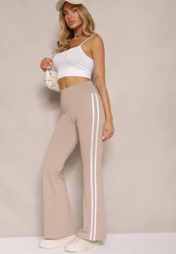 Beżowe Legginsy Flare High Waist z Marszczeniem i Lampasami Kirsena
