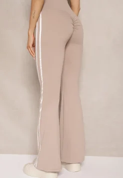 Beżowe Legginsy Flare High Waist z Marszczeniem i Lampasami Kirsena