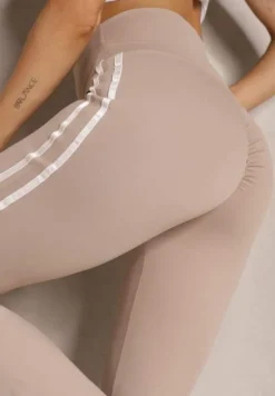 Beżowe Legginsy Flare High Waist z Marszczeniem i Lampasami Kirsena