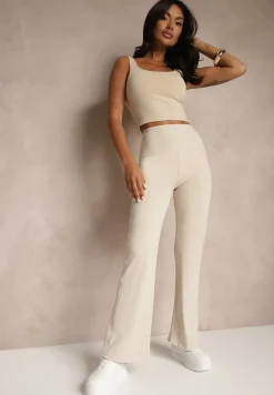 Beżowe Legginsy High Waist z Szeroką Gumką w Pasie Idalania