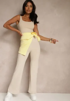 Beżowe Legginsy High Waist z Szeroką Gumką w Pasie Idalania