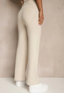 Beżowe Legginsy High Waist z Szeroką Gumką w Pasie Idalania