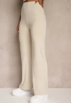 Beżowe Legginsy High Waist z Szeroką Gumką w Pasie Idalania