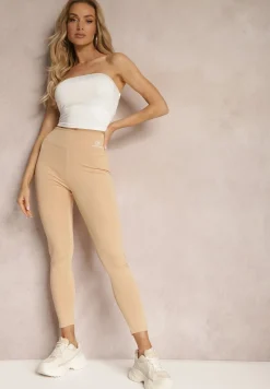 Beżowe Legginsy High Waist z Gumką w Pasie Cloen