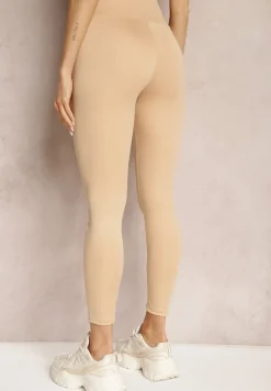 Beżowe Legginsy High Waist z Gumką w Pasie Cloen