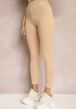 Beżowe Legginsy High Waist z Gumką w Pasie Cloen