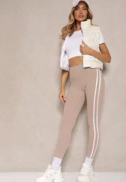 Beżowe Legginsy High Waist z Push-Upem z Elastycznego Materiału z Lampasami Ateria