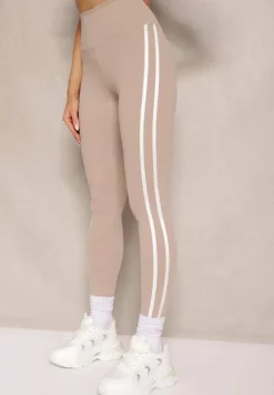 Beżowe Legginsy High Waist z Push-Upem z Elastycznego Materiału z Lampasami Ateria