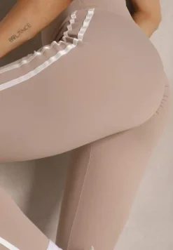 Beżowe Legginsy High Waist z Push-Upem z Elastycznego Materiału z Lampasami Ateria