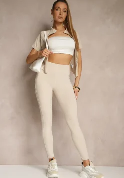 Beżowe Legginsy z Ozdobnymi Przeszyciami z Efektem Modelowania Carittia