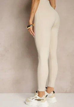 Beżowe Legginsy z Ozdobnymi Przeszyciami z Efektem Modelowania Carittia