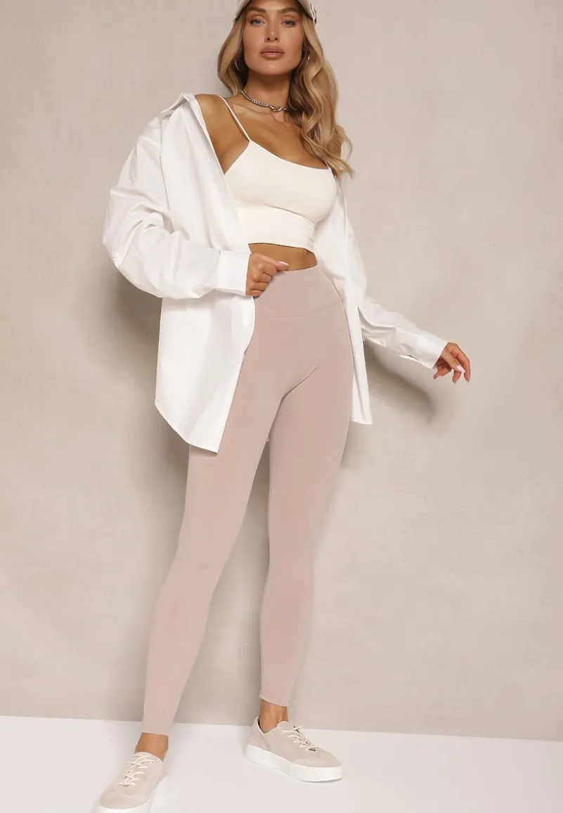 Beżowe Legginsy z Prążkowanej Tkaniny z Szeroką Gumką w Pasie Lanoriae