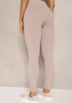 Beżowe Legginsy z Prążkowanej Tkaniny z Szeroką Gumką w Pasie Lanoriae