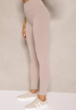 Beżowe Legginsy z Prążkowanej Tkaniny z Szeroką Gumką w Pasie Lanoriae