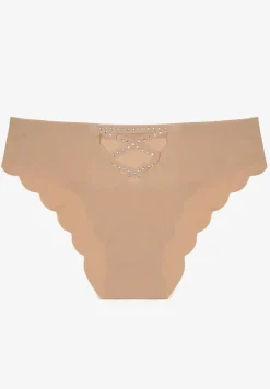 Beżowe Majtki Bezszwowe Ozdobione Cyrkoniami i Falbanką Pillissea