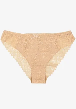 Beżowe Majtki Figi z Bawełny Ozdobione Koronką Isorria
