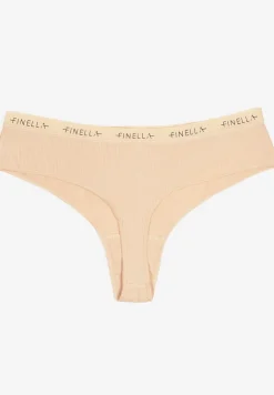 Beżowe Majtki Stringi z Prążkowanego Materiału Wykończone Napisem Briavia