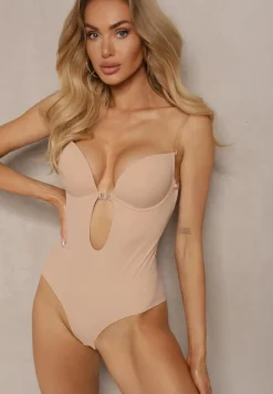 Beżowe Modelujące Body z Usztywniany Miseczkami na Regulowanych Ramiączkach Pinnessa