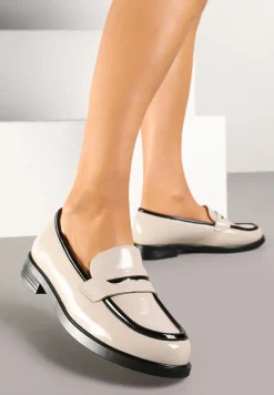 Beżowe Mokasyny Lakierowane ze Skórzaną Wkładką i Kontrastową Lamówką Beldiva