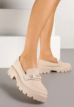 Beżowe Mokasyny na Grubej Podeszwie z Cholewką z Przeszyciami Hamaira