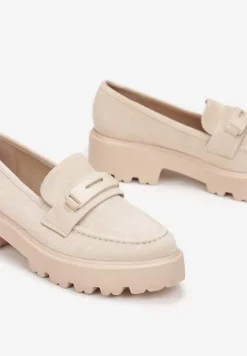 Beżowe Mokasyny na Grubej Podeszwie z Cholewką z Przeszyciami Hamaira