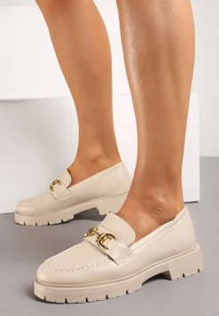 Beżowe Mokasyny na Grubej Podeszwie z Metaliczną Klamrą Faelwena