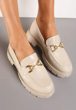 Beżowe Mokasyny na Grubej Podeszwie z Metaliczną Klamrą Faelwena