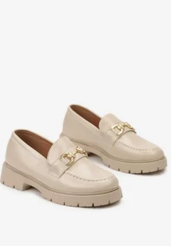 Beżowe Mokasyny na Grubej Podeszwie z Metaliczną Klamrą Faelwena