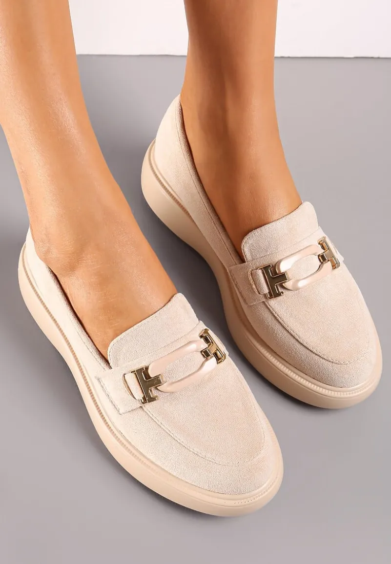 Beżowe Mokasyny na Grubej Podeszwie z Metalową Klamrą Olizunna