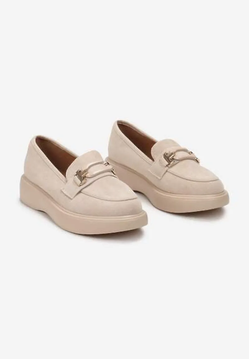 Beżowe Mokasyny na Grubej Podeszwie z Metalową Klamrą Olizunna