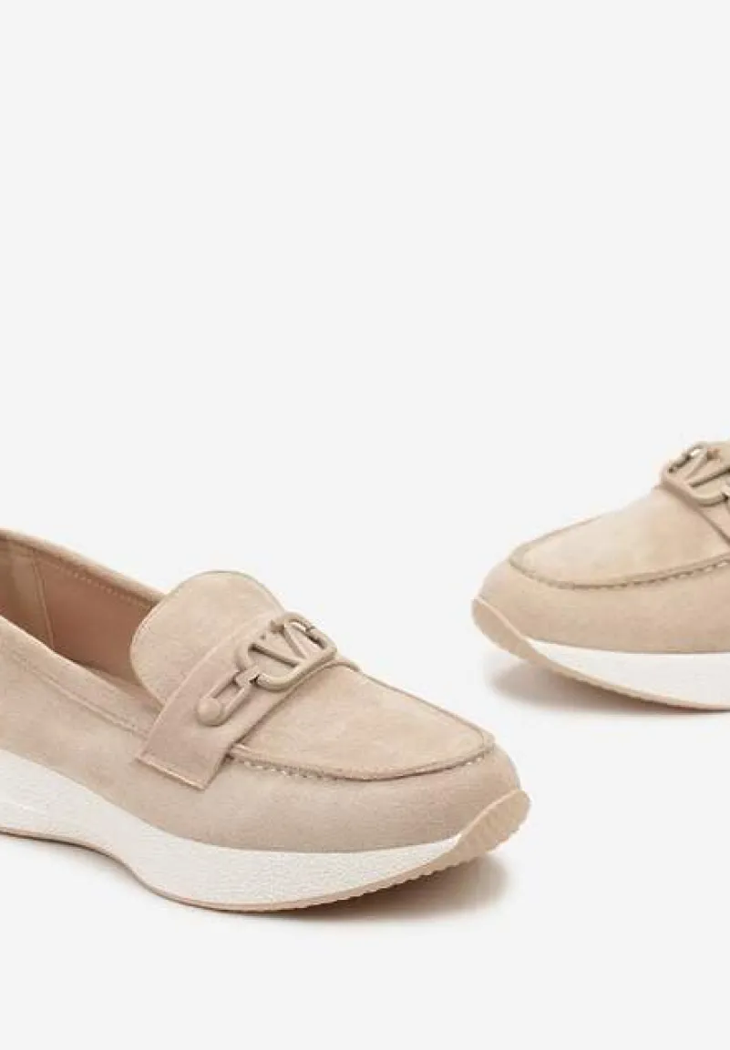 Beżowe Mokasyny na Grubej Podeszwie z Imitacji Zamszu i Klamrą Lorain