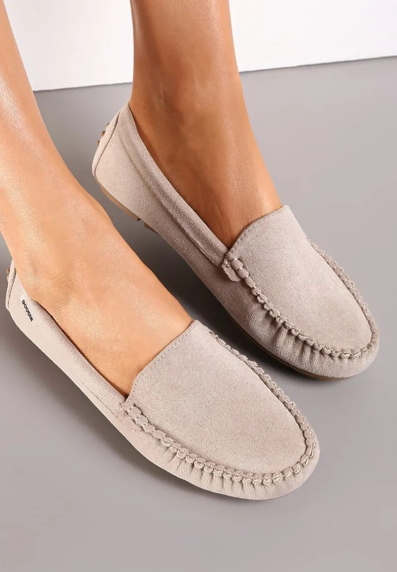 Beżowe Mokasyny na Płaskiej Podeszwie z Przeszyciami Neen