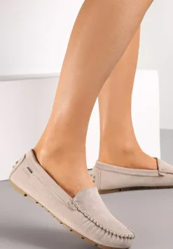 Beżowe Mokasyny na Płaskiej Podeszwie z Przeszyciami Neen