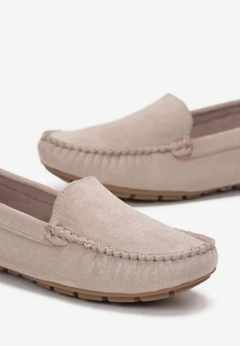 Beżowe Mokasyny na Płaskiej Podeszwie z Przeszyciami Neen