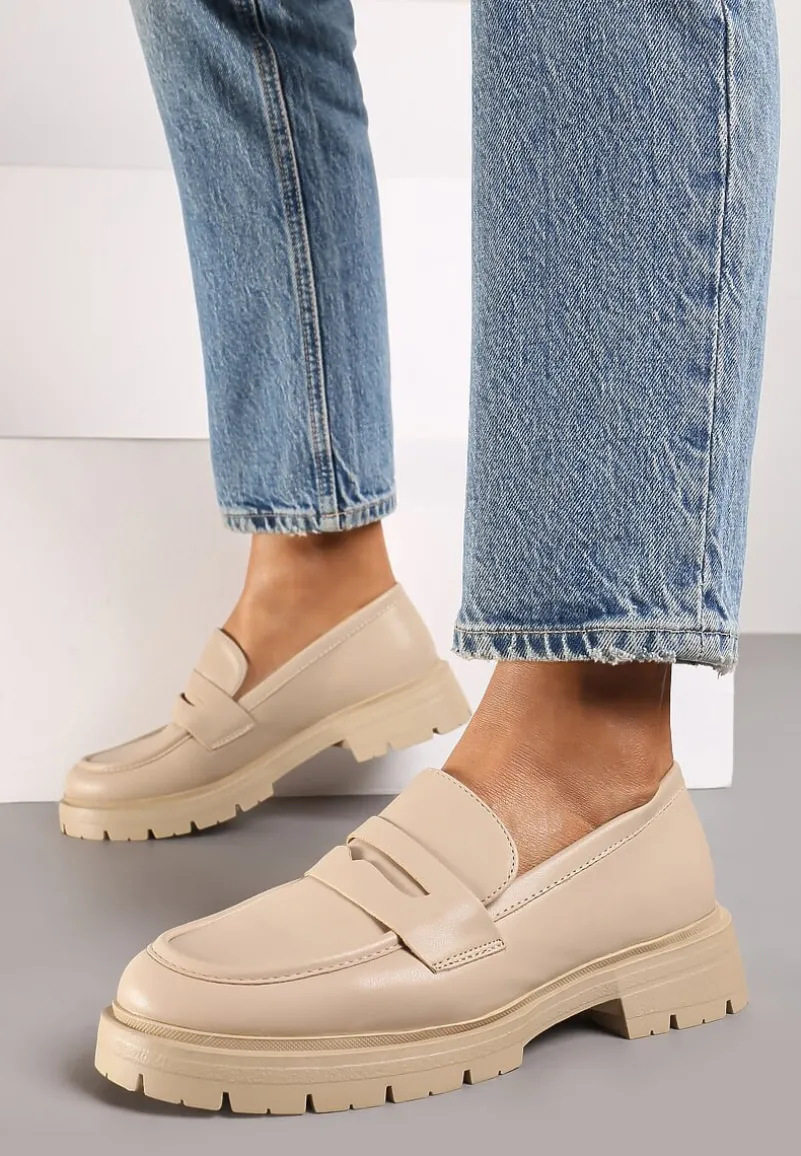 Beżowe Mokasyny na Platformie Ozdobione Paskiem Ilabine