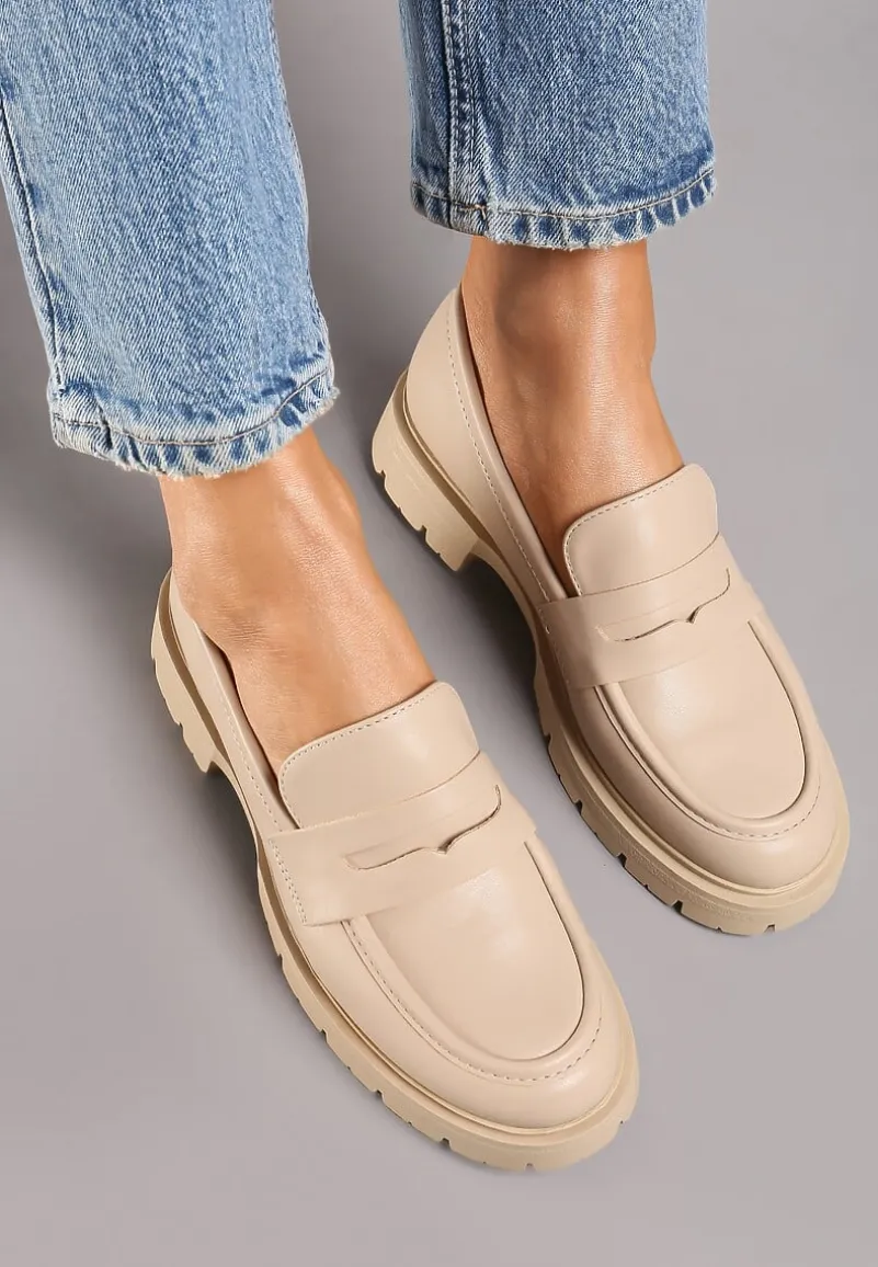 Beżowe Mokasyny na Platformie Ozdobione Paskiem Ilabine