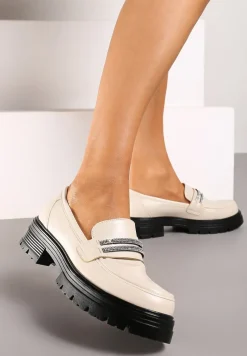 Beżowe Mokasyny na Platformie Ozdobione Cyrkoniami Dregelia