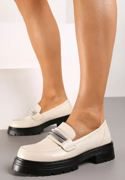 Beżowe Mokasyny na Platformie Ozdobione Cyrkoniami Dregelia