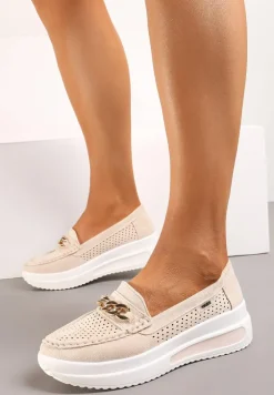 Beżowe Mokasyny na Platformie z Łańcuszkiem Himenna