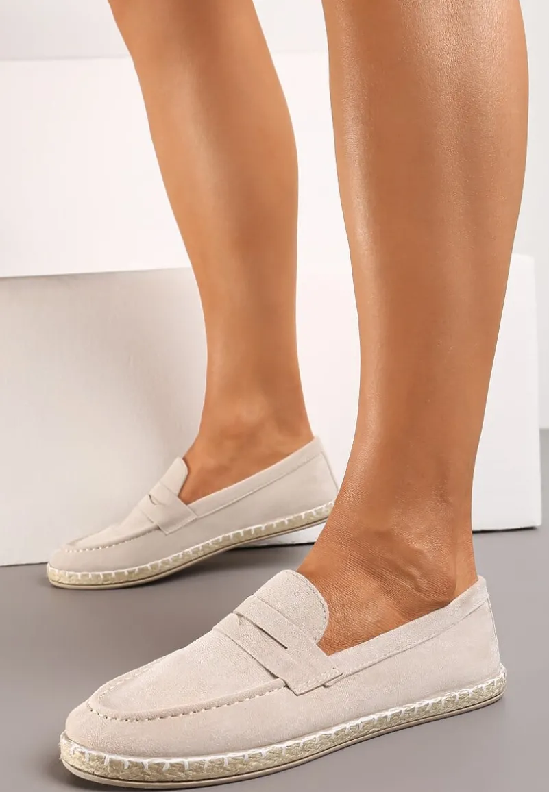 Beżowe Mokasyny na Plecionej Podeszwie z Imitacji Zamszu Viadara