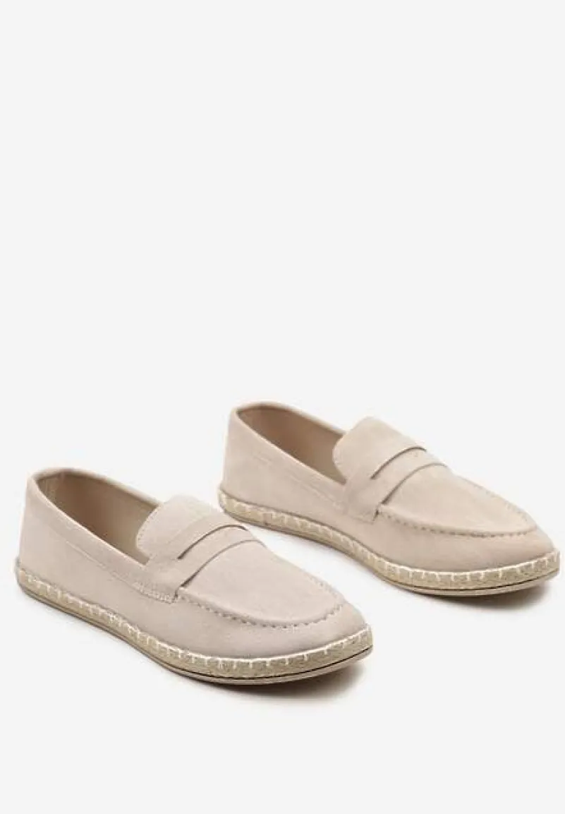 Beżowe Mokasyny na Plecionej Podeszwie z Imitacji Zamszu Viadara