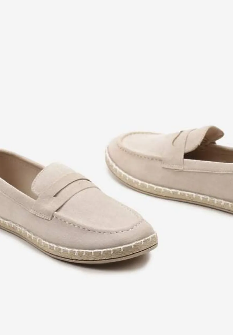 Beżowe Mokasyny na Plecionej Podeszwie z Imitacji Zamszu Viadara