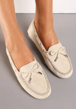 Beżowe Mokasyny Ozdobione Wiązaniami i Kokardką na Froncie Cimella