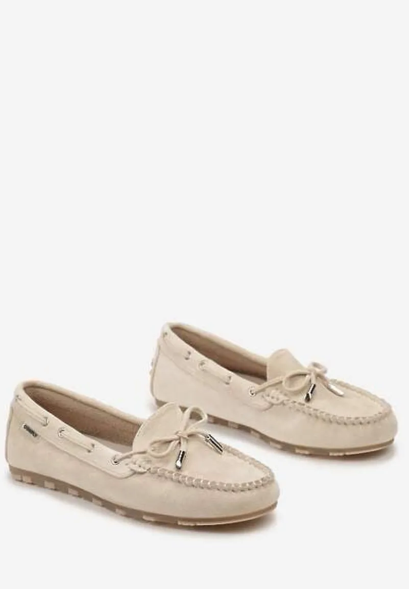 Beżowe Mokasyny Ozdobione Wiązaniami i Kokardką na Froncie Cimella