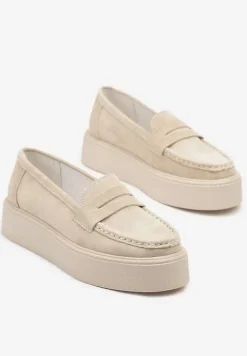 Beżowe Mokasyny Skórzane na Platformie w Stylu Półbutów Sadawene